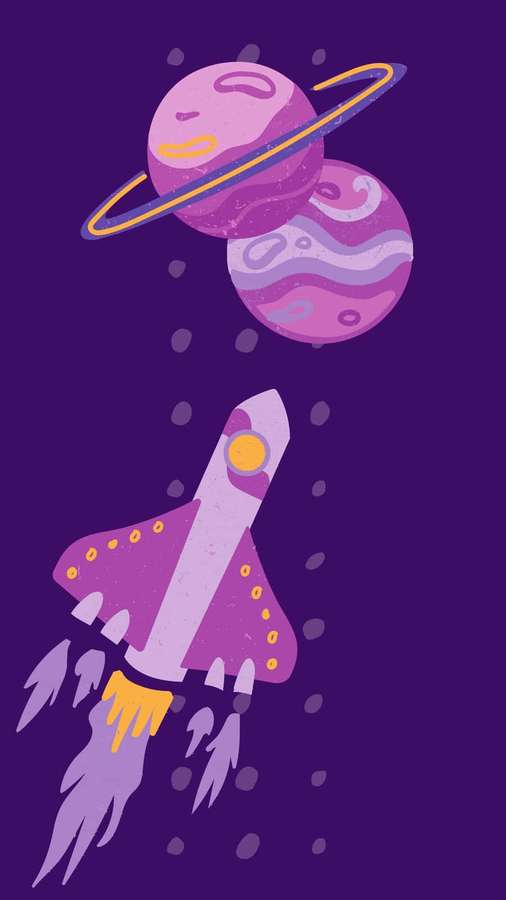 Una nave espacial morada ascendiendo hacia dos planetas coloridos en un cielo morado estrellado. — Teléfono Moderno Fondos de pantalla