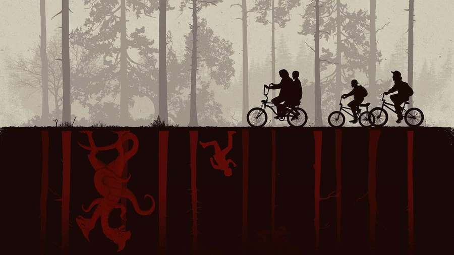 Quatro ciclistas andam em um penhasco com vista para um poço escuro com monstros vermelhos. — Tema Papéis de Parede