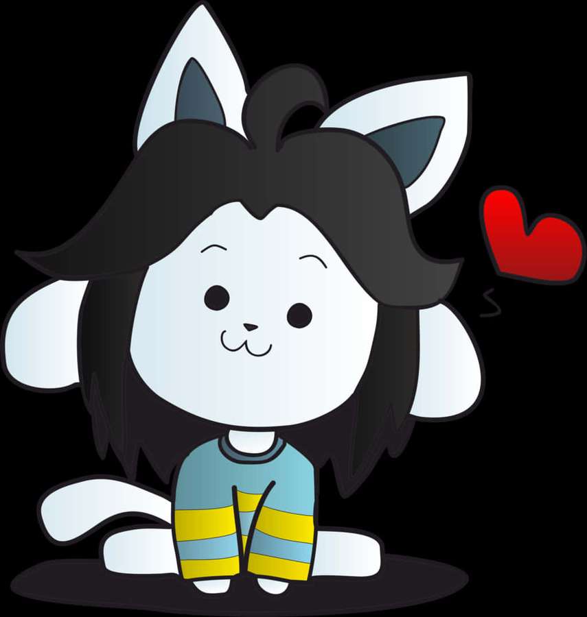 A cartoon cat with black hair and white ears smiles while wearing a striped shirt with a red heart nearby. — Temmie Undertale Wallpaper