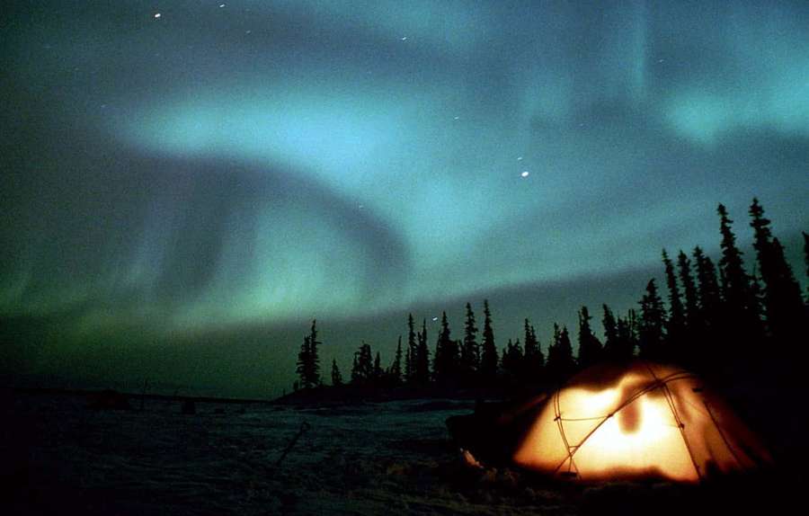 Lämpimästi valaistu teltta tanssivien vihreiden revontulien alla lumisessa metsässä yöllä. — Tent Taustakuvat