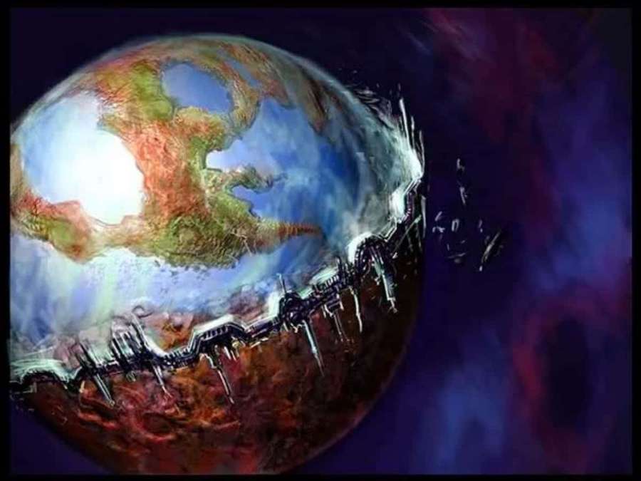 A fractured planet with exposed wiring and glowing landmasses drifts through a colorful nebula. — Terraforming Wallpaper