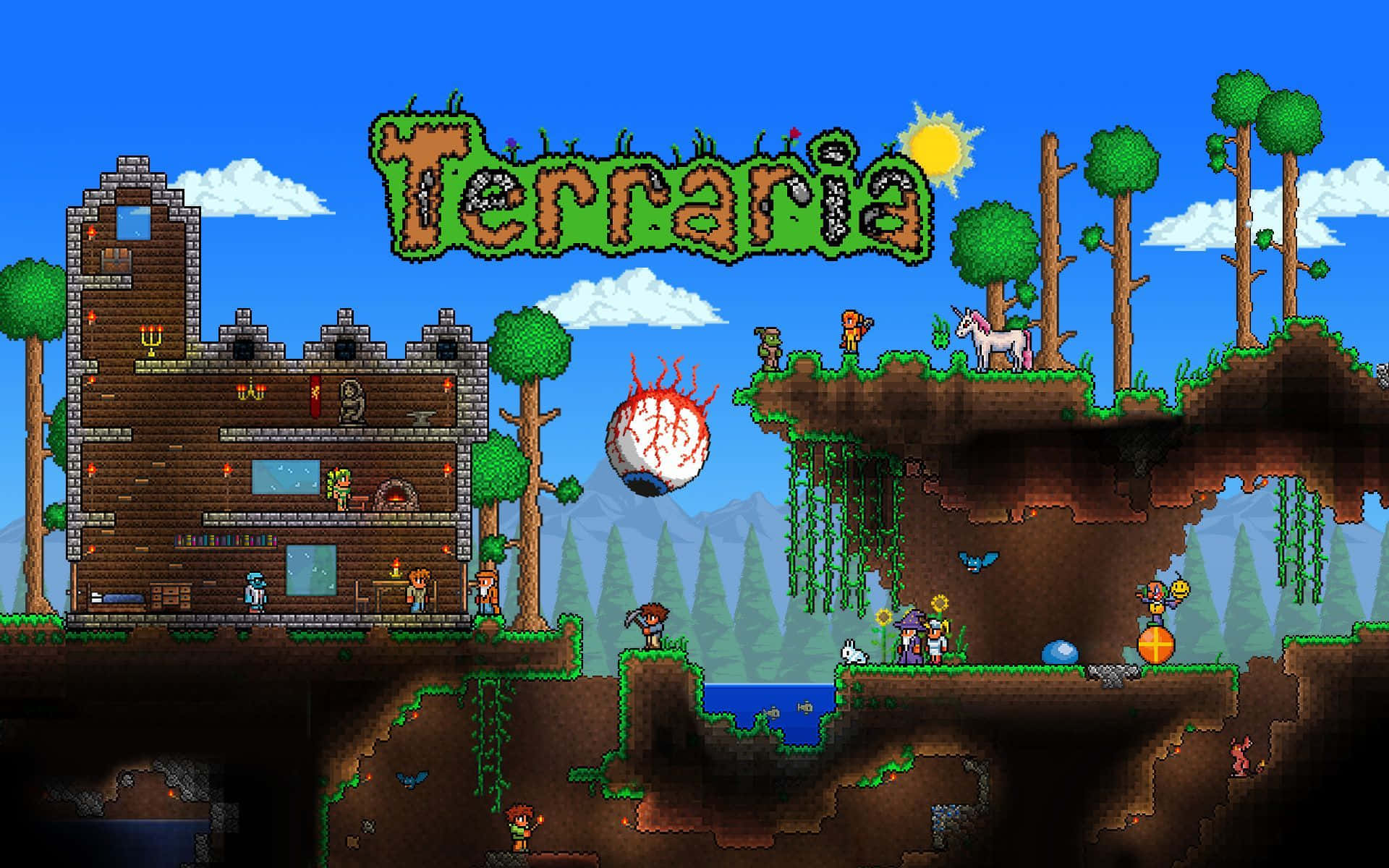 Terraria pixel game scene with castle trees floating islands and giant eyeball sky. — Terraria Wallpaper