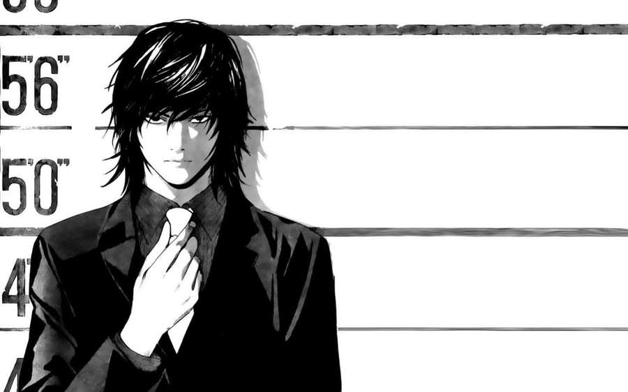 Anime-hahmo puvussa säätää solmiota mugshot-asennossa korkeuskaaviota vasten. — Teru Mikami Taustakuvat