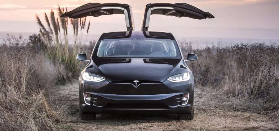 Black Tesla with open gull-wing doors parked in grass at sunset. — Tesla Model Y Wallpaper