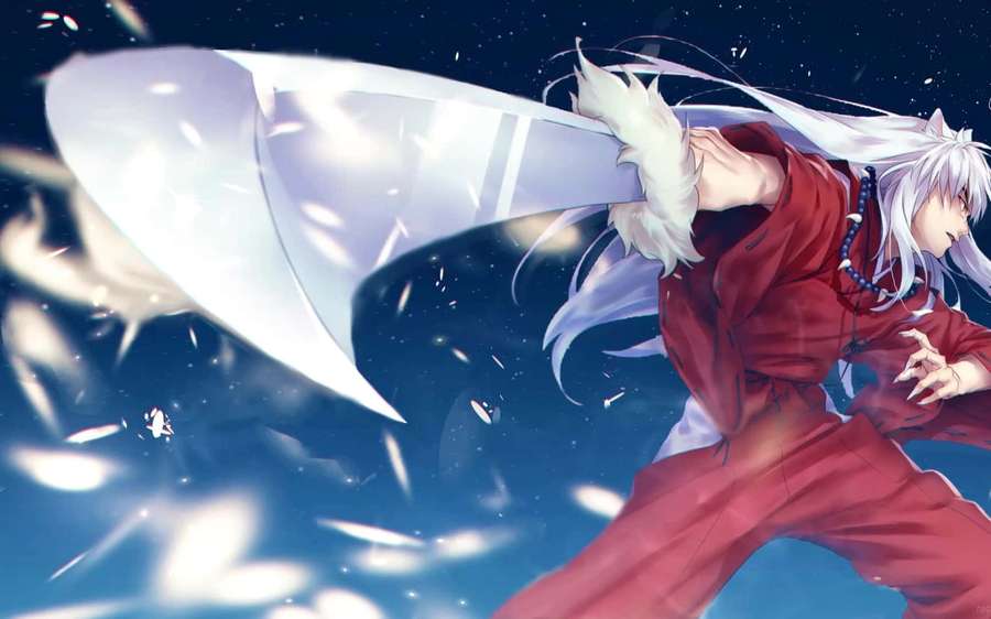 Anime-karakter med hvidt hår og rød kåbe, der svinger et glødende sværd på en stjerneklar nattehimmel. — Tessaiga Wallpapers