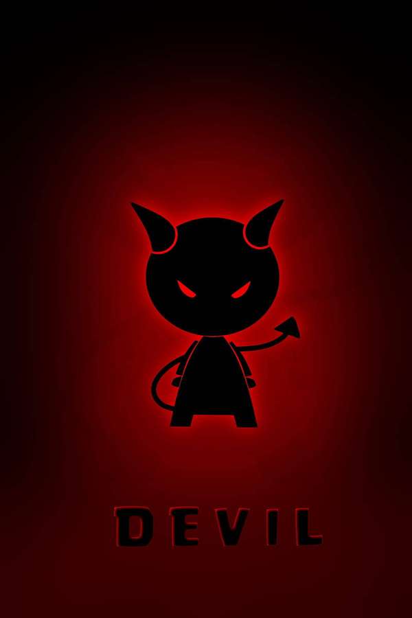 Eine Cartoon-Teufel-Silhouette, die rot glüht, mit dem Wort Teufel darunter. — Teufel Wallpaper