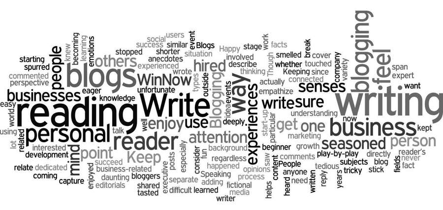 Graue Wortwolke mit Schlüsselwörtern zu Bloggen, Schreiben und Lesen. — Text Wallpaper