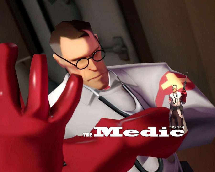 Gaming character medic in white coat and red gloves holding up hand. — Tf2 Medic Wallpaper