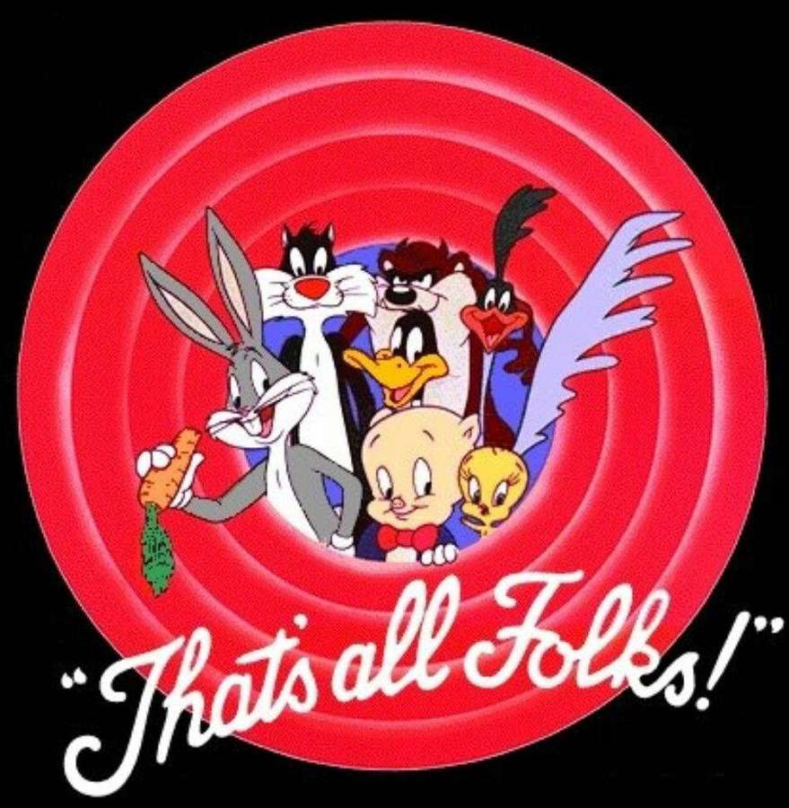 Looney Tunes characters in red spiral with 'That's all Folks!' text. — That's All Folks Wallpaper