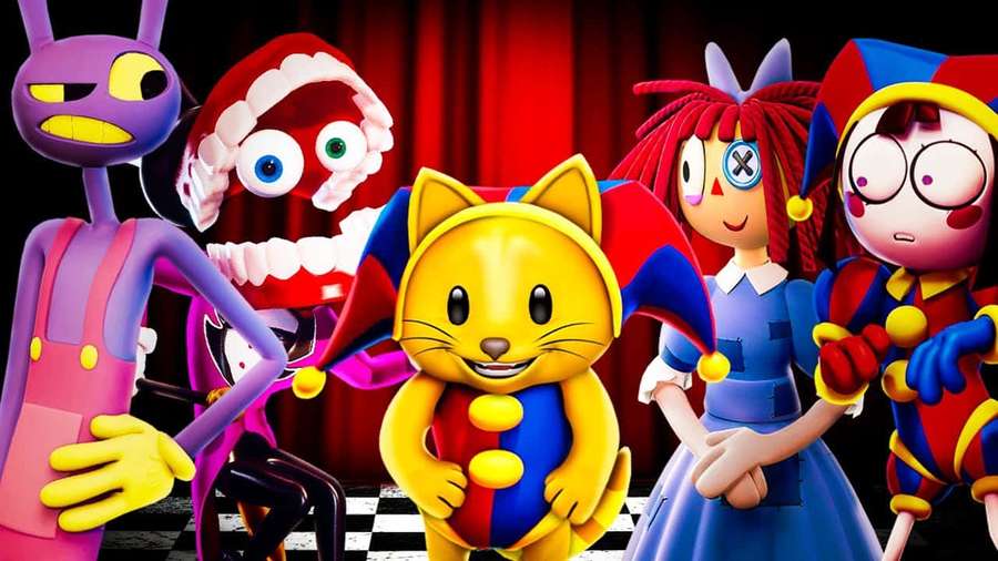 Group of cartoon characters in jester costumes on a stage with red curtains. — The Amazing Digital Circus Wallpaper