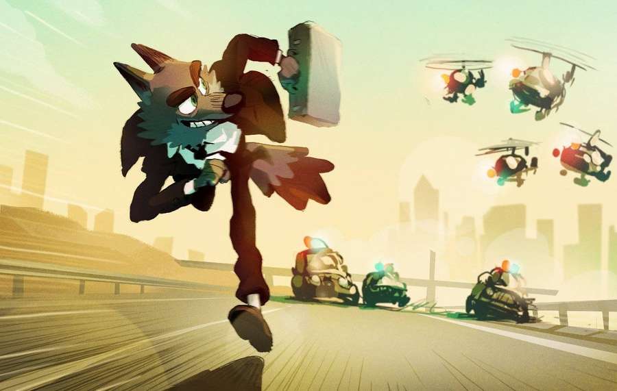 A cartoon fox running from tanks and helicopters on a highway. — The Bad Guys Background
