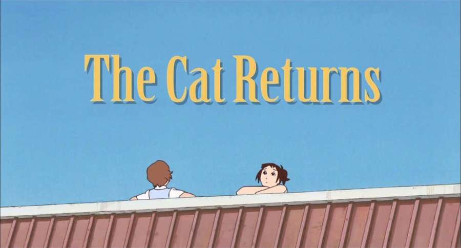 Two children lean over a red roof under a blue sky with yellow title text. — The cat returns Wallpaper