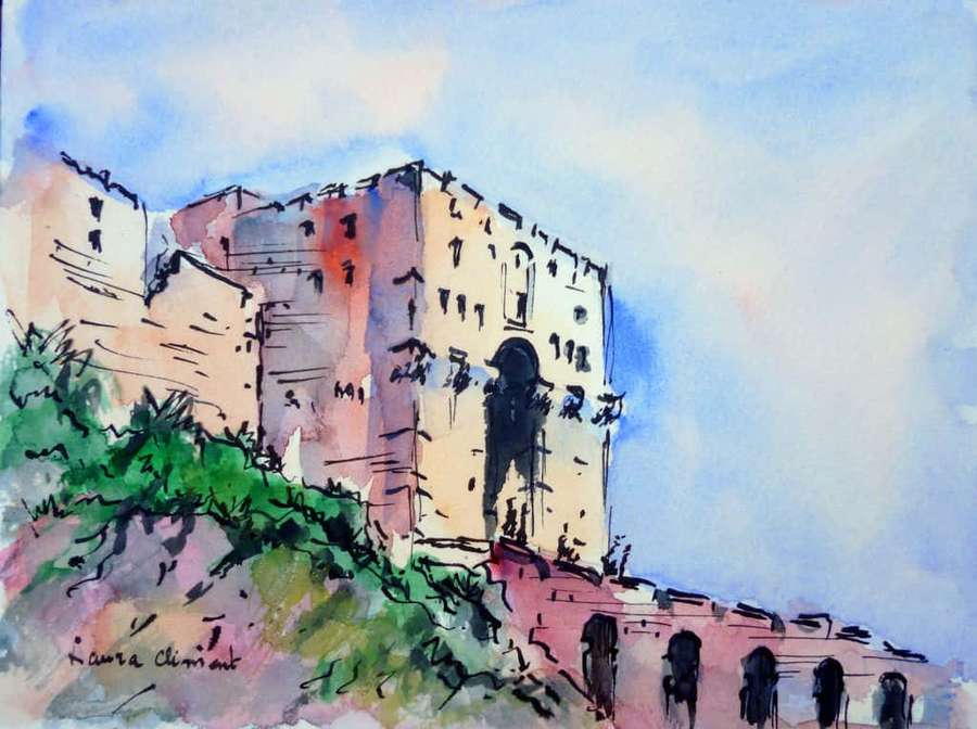 Watercolor castle on a hill with greenery and blue sky — The Citadel Wallpaper