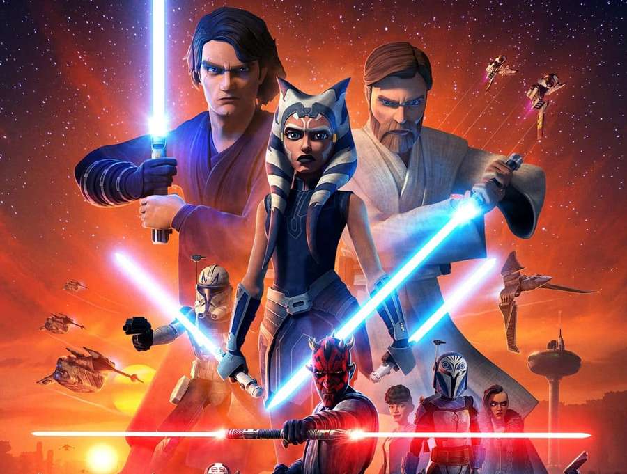 Star Wars characters wielding lightsabers in a space battle against a fiery sky. — The Clone Army Wallpaper