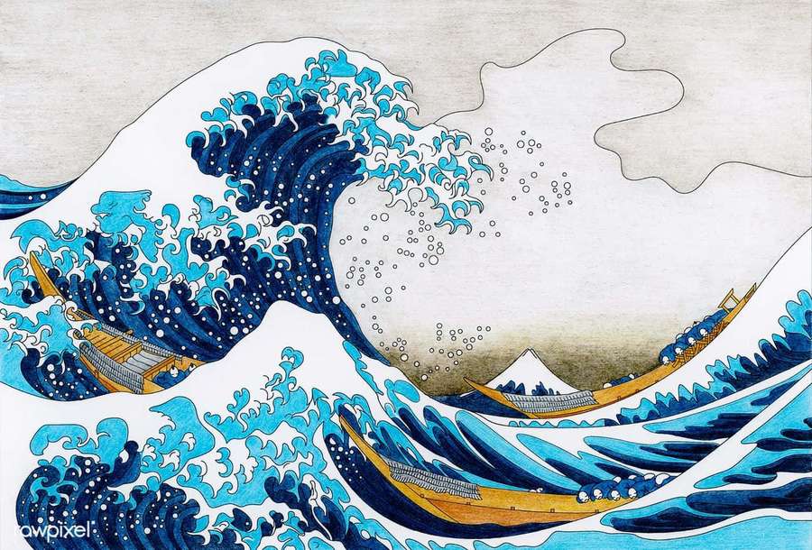 Large blue wave with boats and Mount Fuji in background — The Great Wave Wallpaper
