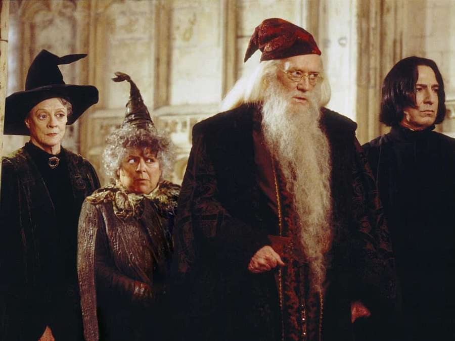 Four stern-looking wizards in formal robes standing in a grand stone hall. — The Hogwarts Professors Wallpaper