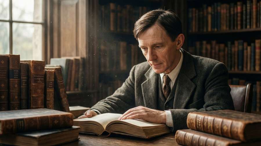 Alan Turing reading in a library, surrounded by old books, a scholarly atmosphere. — The imitation game Wallpaper