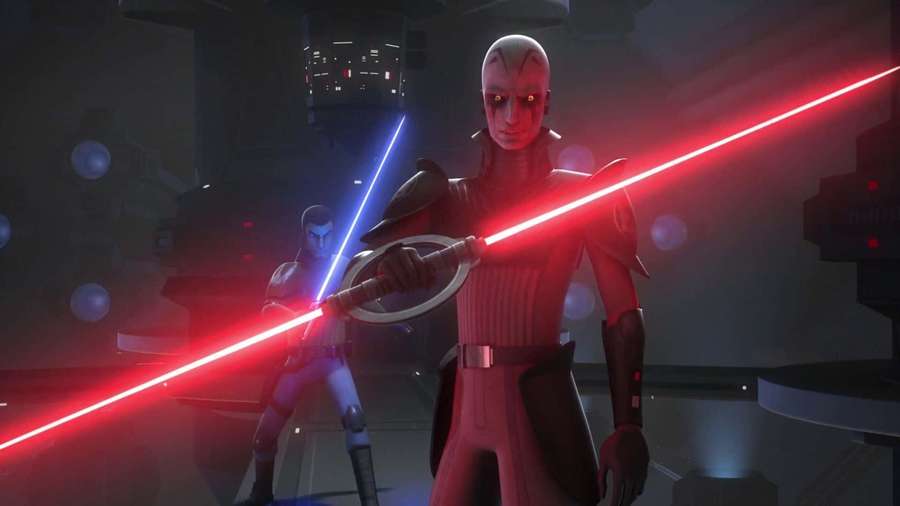 Two anime characters fighting with glowing lightsabers in a spaceship. — The Inquisitor Wallpaper