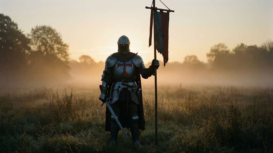 Knight in armor holding flag and sword in misty field at sunrise. — The last duel Background