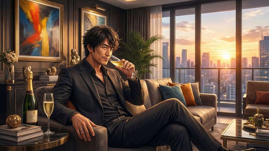 Man in suit sipping champagne on balcony sofa during golden sunset over city. — The millionaire detective Background