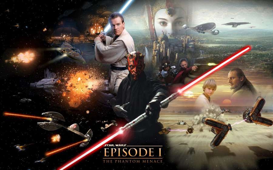 Star Wars Episode I movie poster with lightsaber combat and space ships. — The Phantom Menace Wallpaper