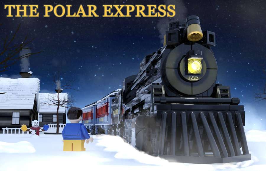 LEGO child watching Polar Express train depart snowy village at night — The Polar Express Wallpaper