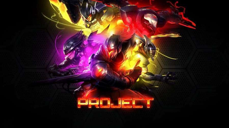 Four armored warriors in glowing energy poses with 'PROJECT' text on dark hexagonal background. — The Project Wallpaper