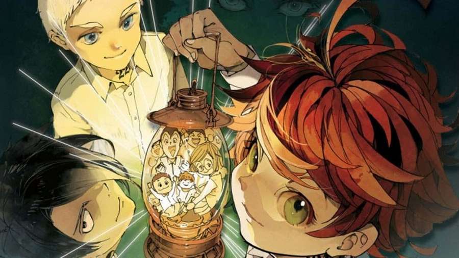 Three anime characters looking at a lantern holding smiling children. — The Promised Neverland Background