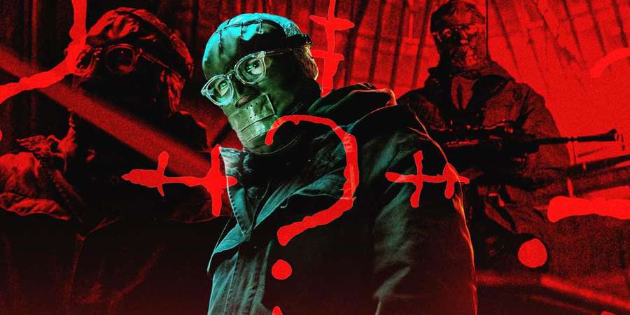 A masked figure with armed soldiers in a red-lit dystopian scene. — The Riddler 2022 Wallpaper