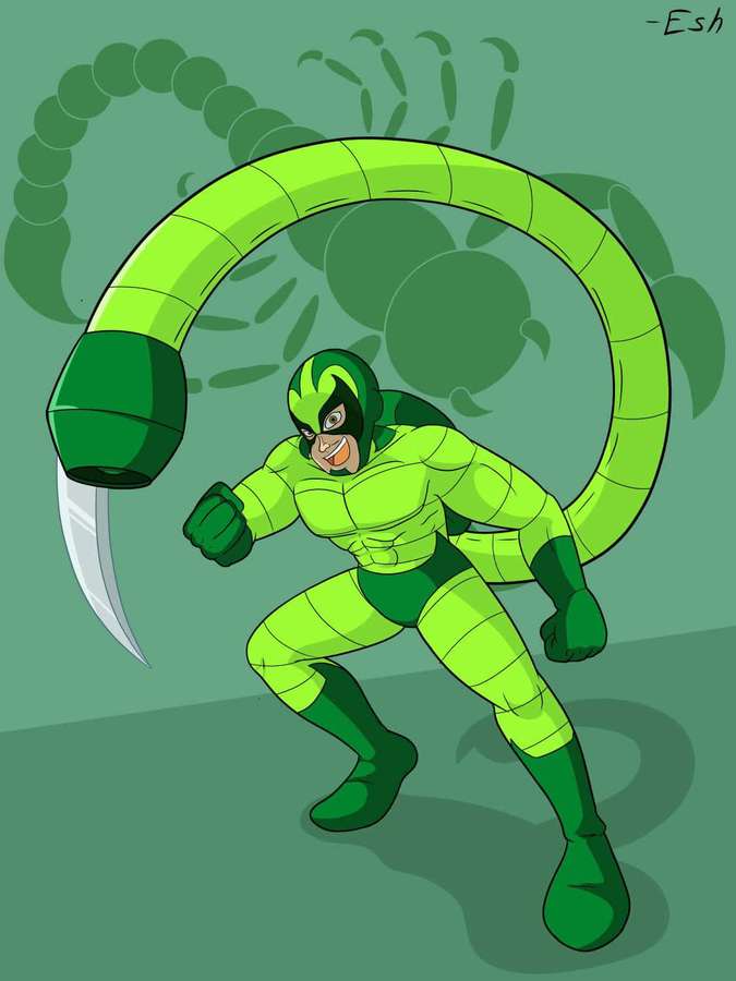 Green scorpion superhero with tail raised in combat stance. — The Scorpion Wallpaper
