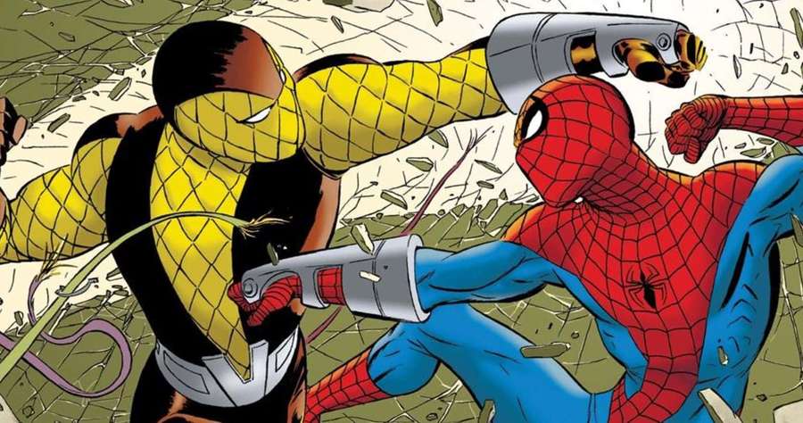 Spider-Man fighting a yellow armored enemy in a shattered environment. — The Shocker Wallpaper
