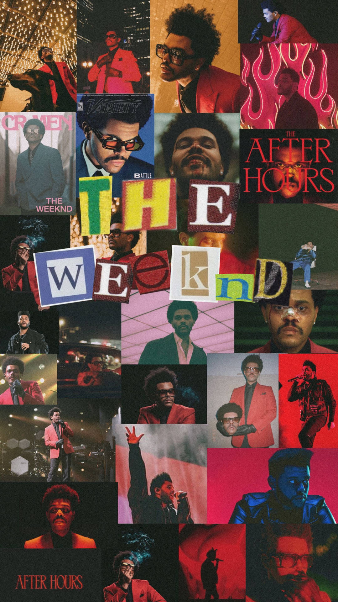 The Weeknd collage med albumkonst och konsertfoton i röda toner. — Weeknd bakgrunden Bakgrundsbilder