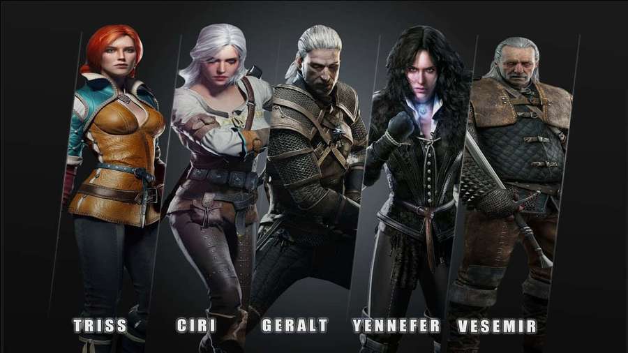 Five Witcher characters in armor standing in a row with names below. — The Witcher Characters Wallpaper