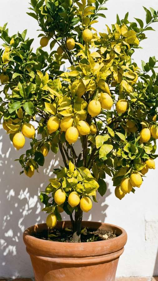 Potted lemon tree heavy with ripe yellow fruit against a white wall. — The Yellow Picture