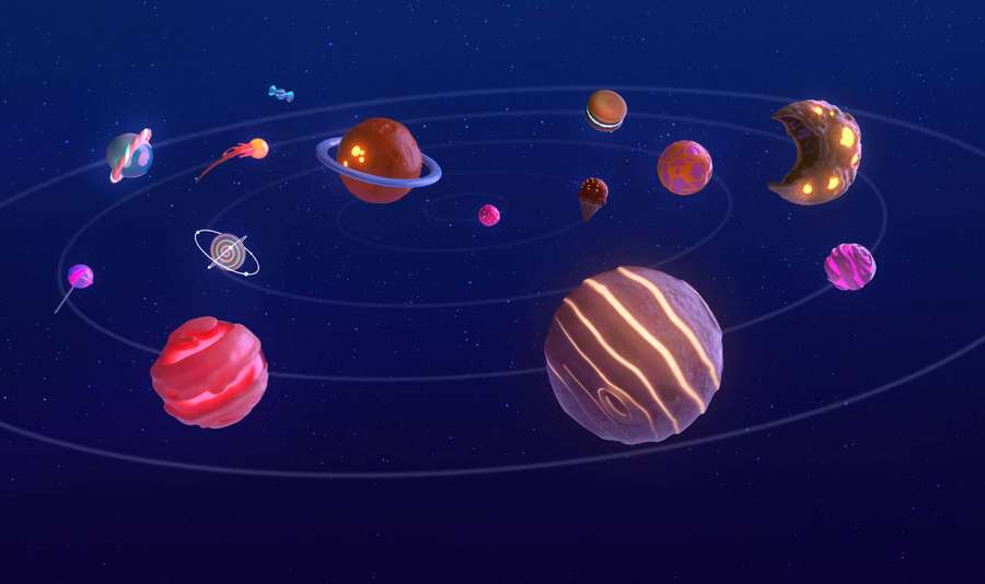 A playful cartoon solar system with glowing planets and rings against a starry night sky. — Themes Wallpaper