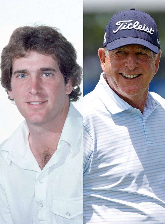 Gesplitst portret van twee mannen, een jonge en een oudere, beiden glimlachend in golfkleding. — Then Achtergronden