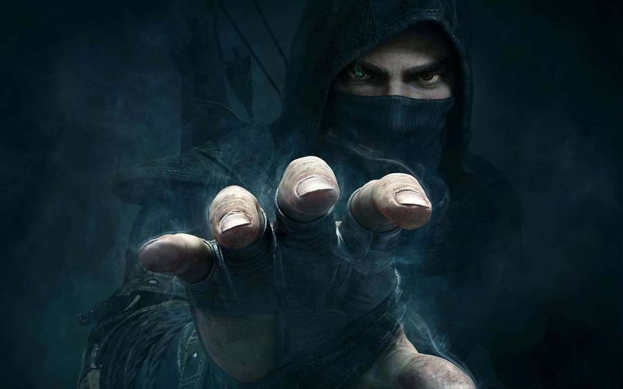 A hooded assassin with glowing green eyes extends a gloved hand forward in a dark smoky environment. — Thief Background