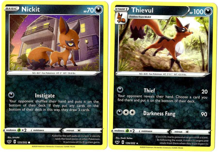 Two Pokémon cards featuring fox-like creatures in urban and forest settings. — Thievul Wallpaper