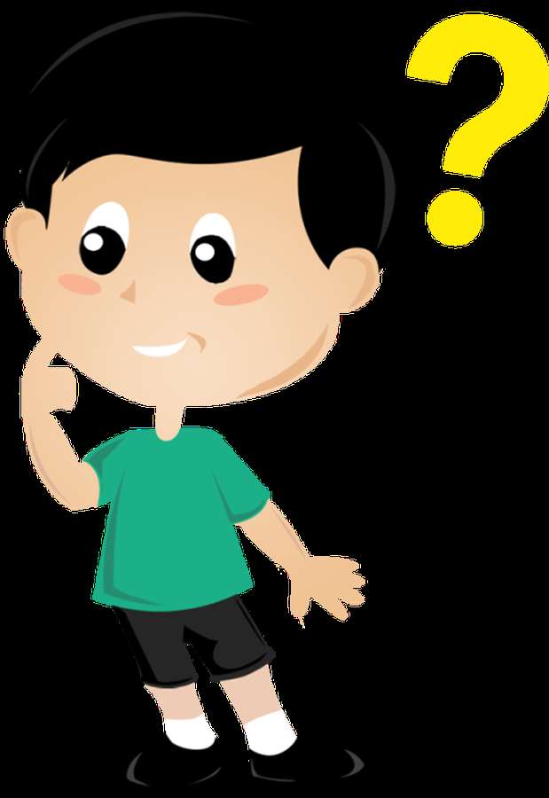 Niño de dibujos animados en camisa verde pensando con un signo de interrogación amarillo junto a su cabeza. — Thinking Fondos de pantalla