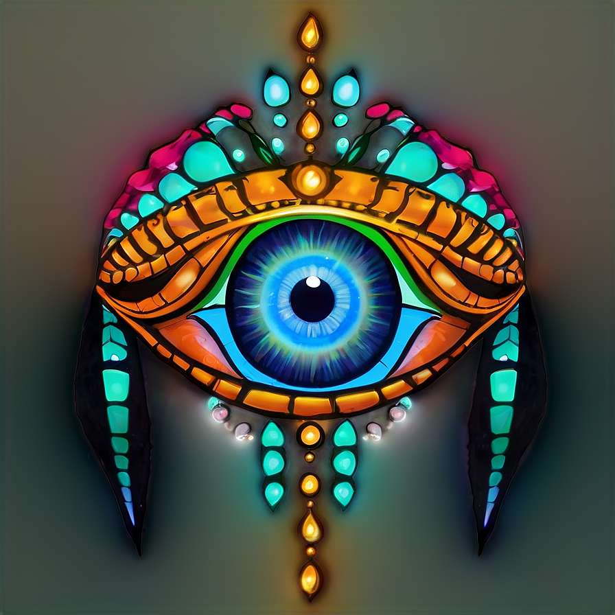Glowing stained glass eye with colorful jewels and ornate golden frame. — Third Eye Picture