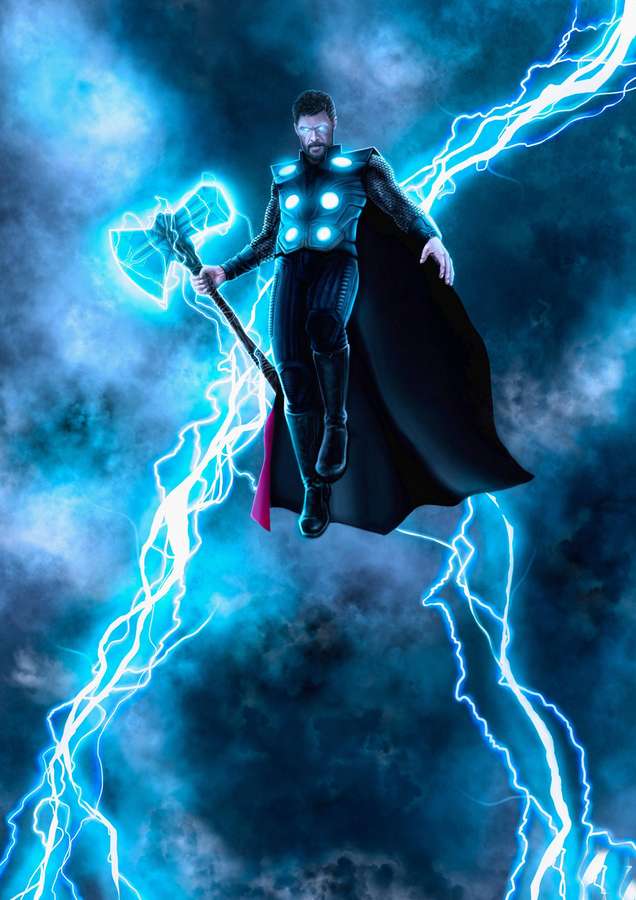 Thor fliegt durch einen Sturm und hält seinen glühenden Hammer, umgeben von Blitzen. — Thor Bilder