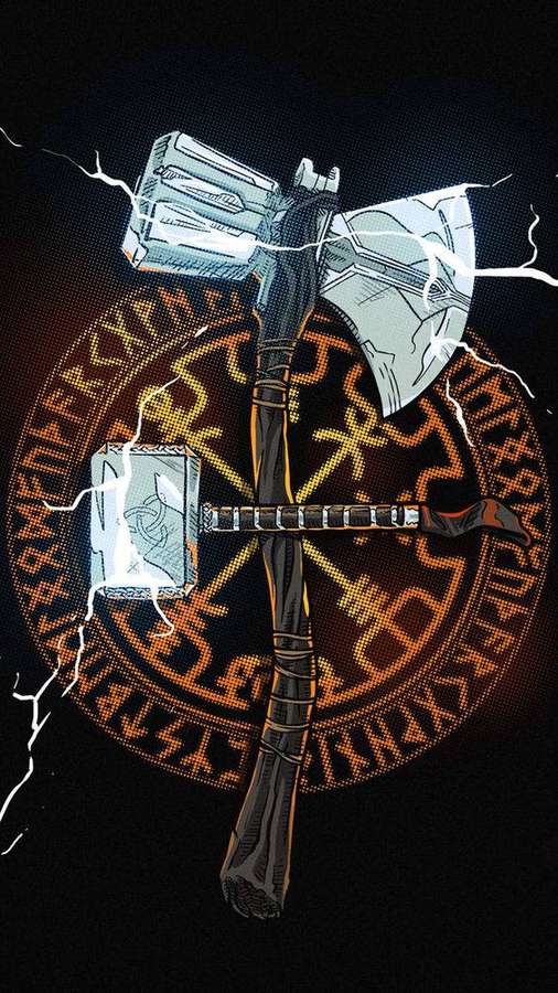 A glowing hammer with lightning bolts over ancient runes. — Thor Hammer Wallpaper