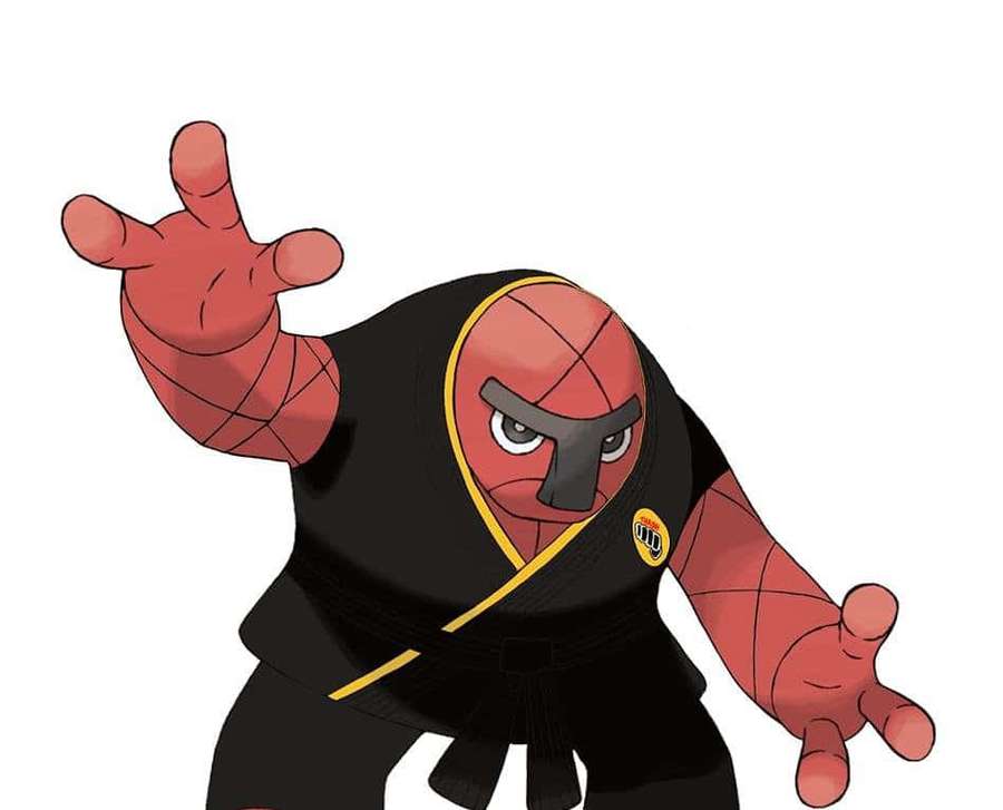 Red-skinned anime martial artist in black gi with yellow trim striking a fighting pose. — Throh Wallpaper