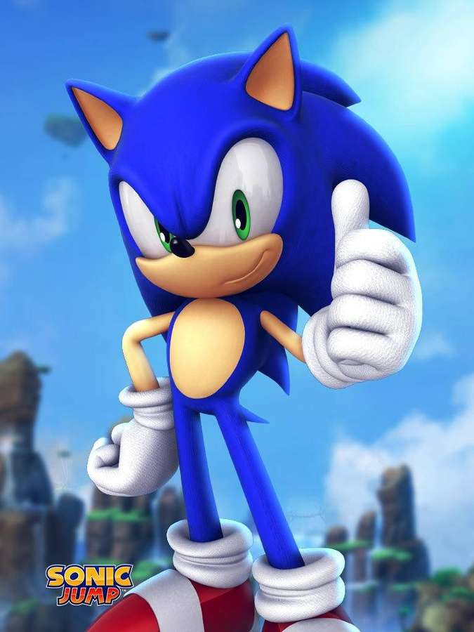 Sonic the Hedgehog giving a thumbs up gesture with floating islands behind him. — Thumbs Up Wallpaper