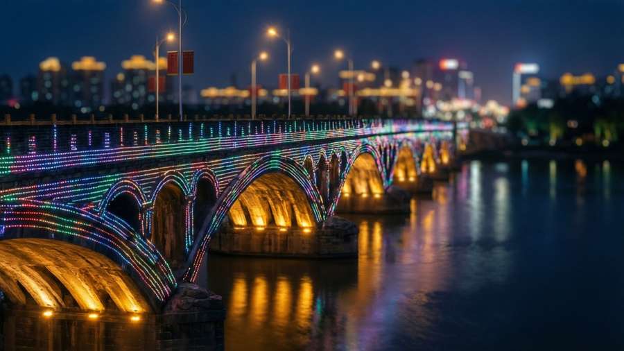 A vibrant close-up of the illuminated Yongle Bridge in Tianjin. — Tianjin Background
