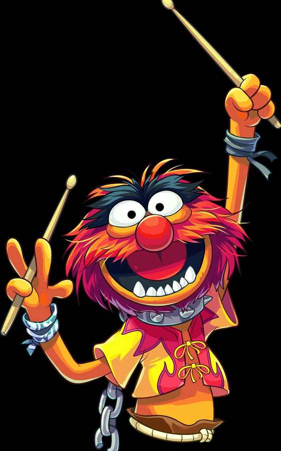 Ein fröhlicher Cartoon-Muppet-Charakter, der Schlagzeugstöcke hält und breit lächelt. — Tierischer Muppet Wallpaper