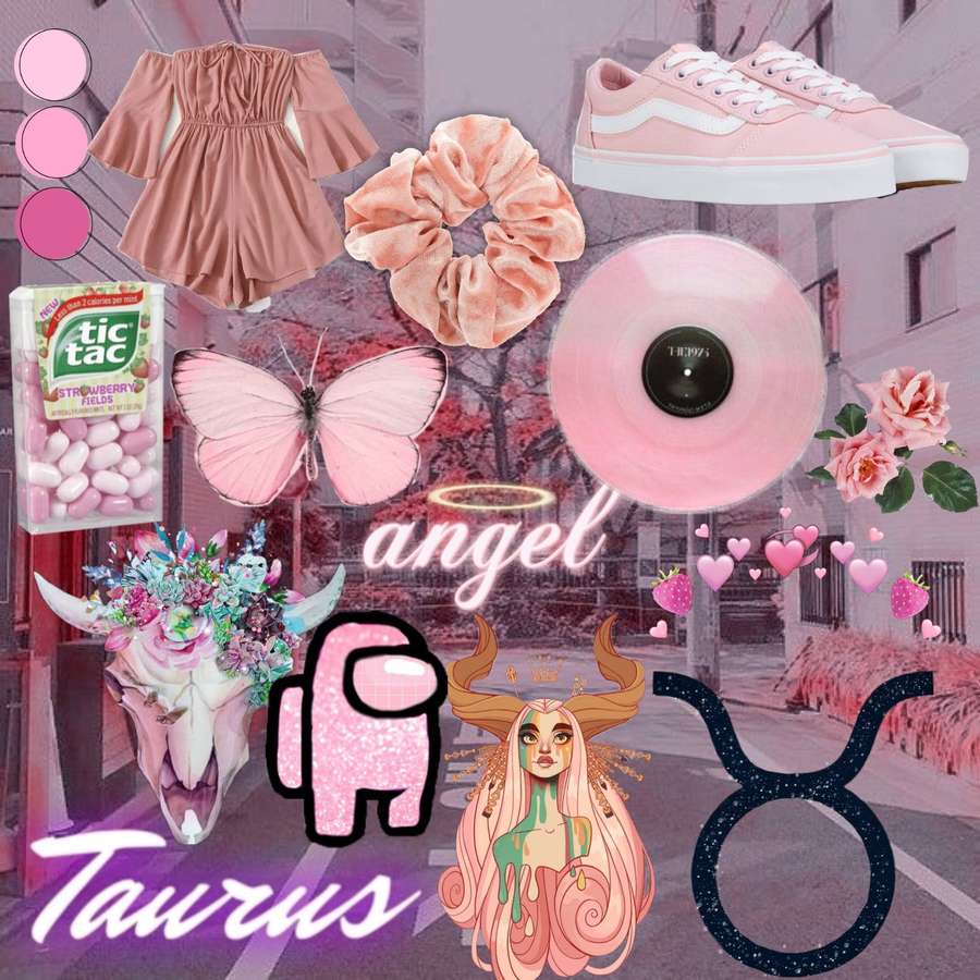 Rosa ästhetische Collage mit Modeartikeln, Sternzeichen und Schmetterlingen. — Tierkreiszeichen Stier Wallpaper