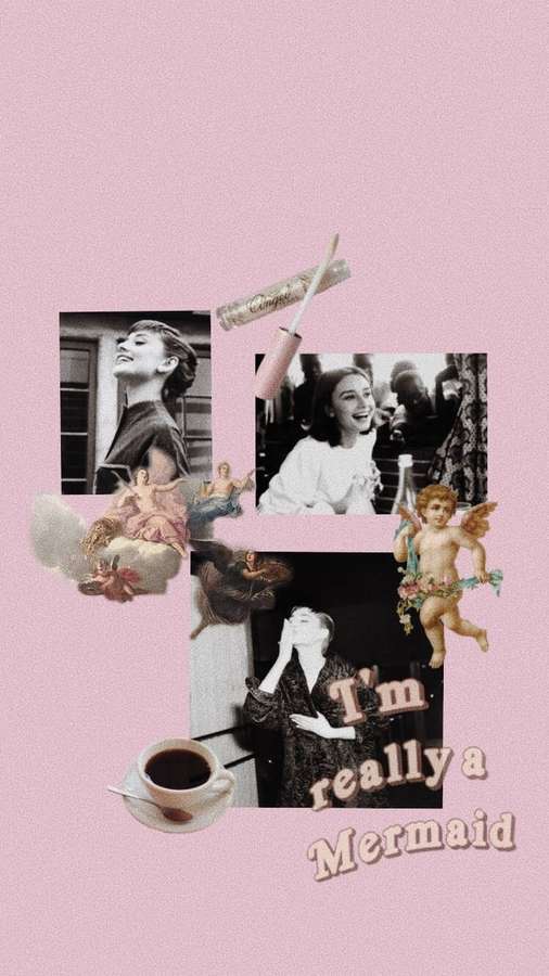 Pink collage with vintage photos, cherubs, coffee, and 'I'm really a Mermaid' text. — Tiffany's Background