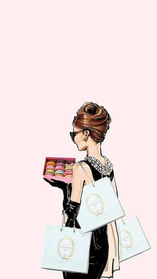 Elegant woman in black dress holding shopping bags and macarons against pink background. — Tiffany's Wallpaper