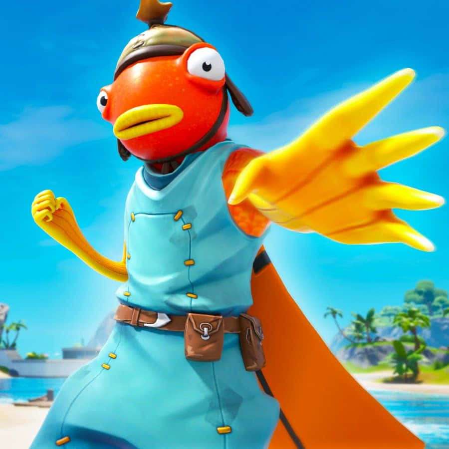 A cartoon fish character in blue outfit posing on a tropical beach. — Tiko Wallpaper